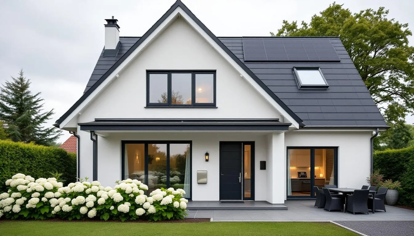 Haus mit Solaranlage und Hortensien im Abendlicht